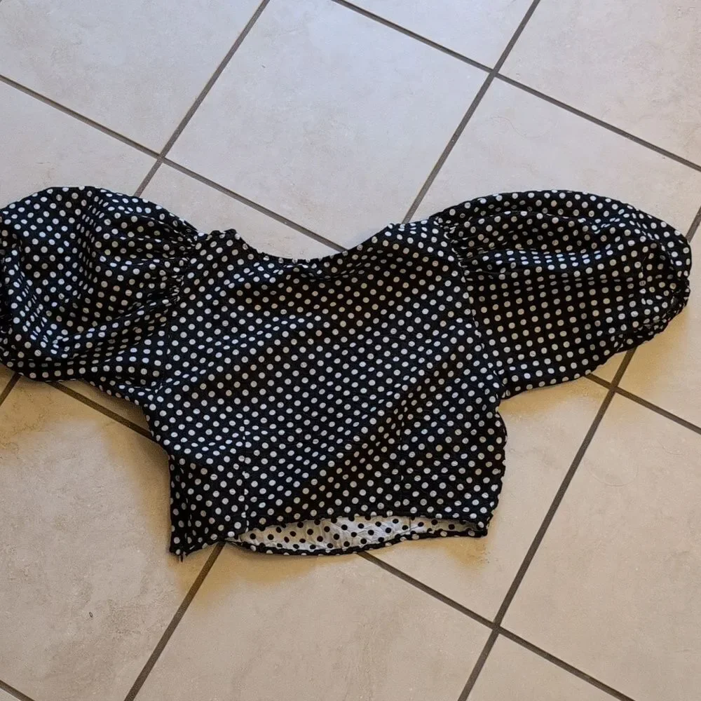 Free People Polka Puff Sleeve Crop Top Black White Size 10 - Picture 3 of 12